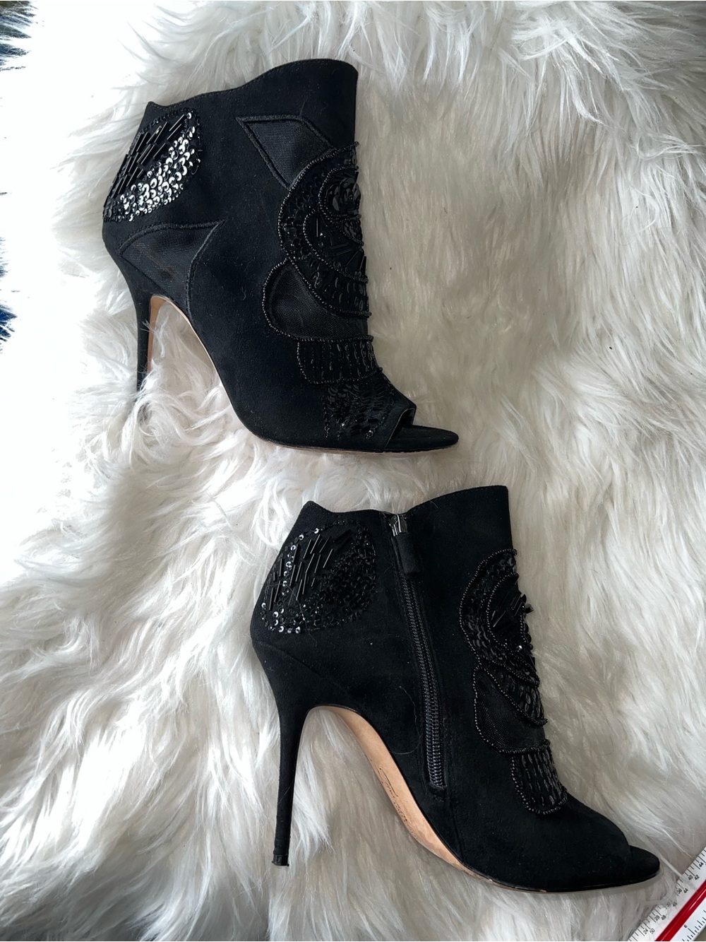 Vince Camuto Black Beaded Peep-Toe Ankle Boots Heels